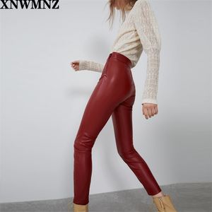 Autumn Women High Wasited Faux Leather Trousers Ladies Fall Wine Red Slim Fit Fleece PU Skinny Stretchable Pencil Pants 210520