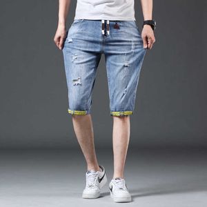 2021 Summer Jeans Shorts Mens Denim Elastic Stretched Thin Short Jean Large size Blue Below the knee Men's short jeans X0621