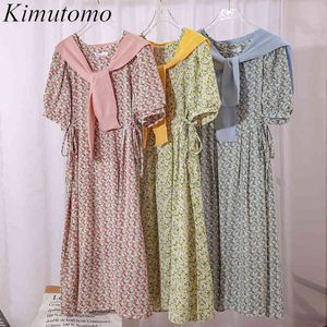 Kimutomo fresco doce floral vestido feminino gentil vento o-pescoço manga curta lace up cintura magro chiffon vestidos verão com xaill 210521