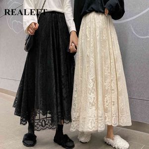 Vintage Women Lace Crochet Umbrella Long Skirts Bohemian High Waist Hollow Out Female Maxi Spring Summer 210428