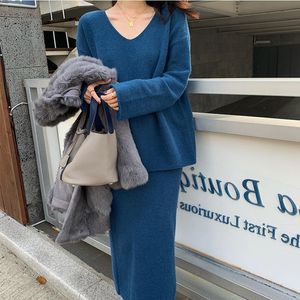 Elegante Feminino Feminino Feminino Solto Conjuntos de Malha Outono OL V-Neck Sweater + Skirt Suits 2 Parte Set Mulheres Roupas 210421