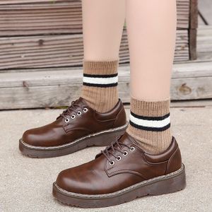 Vintage Öğrenciler Ayakkabı Katı Siyah Deri Oxford Ayakkabı Kadın Lace Up Yüksek Topuklu Kalın Alt Platform Loafer'lar Rahat Ayakkabılar