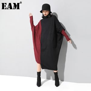 [EAM]女性の編み物コントラストカラービッグサイズのドレスハイネック長袖ルースフィットファッション春秋1D674 21512