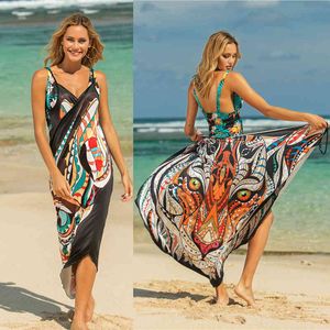 Strandklänning Kvinnor Sexig Sling Animal Print Beach Maxi Dress Femme Bikini Cover Up Wrap Dresses Handduk Baklösa Badkläder Plus Storlek 210507