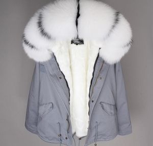 snow coats fox fur trim hoody mukla furs women parkas white rabbit fur lining grey mini jackets ykk zipper coat hood Front flapped pockets with hidden snaps