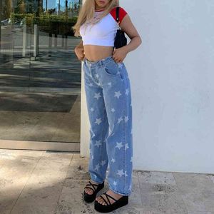 Star Printed Blue Y2K Baggy Dżinsy Dla Dziewczyn High Waist Spodnie Estetyczne Proste Dżinsy Spodnie Moda Kobiety Streetwear 210415