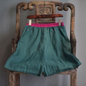 Johnature Women Vintage Shorts Elastic Waist Ramie Patchwork Color Pockets Loose Summer Female Wide Leg Shorts 210521