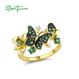 SANTUZZA Silver Ring For Women 925 Sterling Butterfly Gold Color Shiny Green Spinel Elegant Trendy Party Fine Jewelry 211217