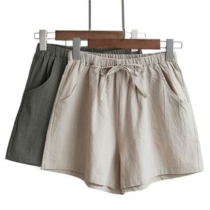 Hög midja shorts kvinna sommar lös avslappnad solid dragsko bomull linne för tjejer kvinnors kort byxor streetwear 210722