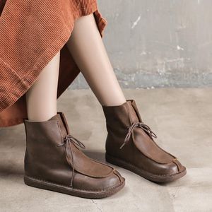 Botas artesanais de couro curto retro mori menina étnica deserto sapatos de viagem primeira camada de couro rendas até mulheres botas