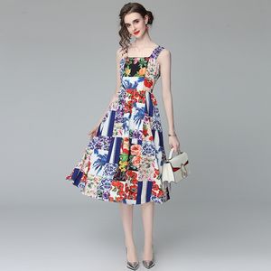 Runway Boho Summer Women's Spaghetti Strap Backless Blue and White Porcelain Floral Print A Line Mid-Calf Dresses 210514