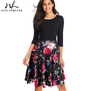 Nice-Forever Spring Women Elegant Floral Patchwork Vintage Print Dresses Casual Pinup A-Line Flare Swing Dress Btya057 210419