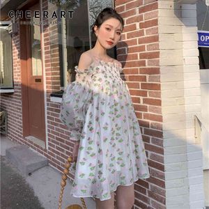 Off The Shoulder Floral Print Summer Dress Voile Pink Puff Lantern Sleeve Cute Korean Fashion Clothing 210427