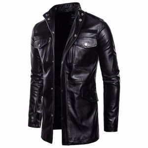 Herren Mittellange Lederjacke Herren Frühling Herbst Motorrad Biker Lederjacken Mäntel Herren Windjacke Schwarz Outwear