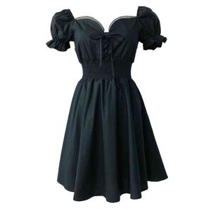 V Neck Short Sleeve Mini Dress Solid Black Summer Women Female Puff Bow Lace D1820 210514