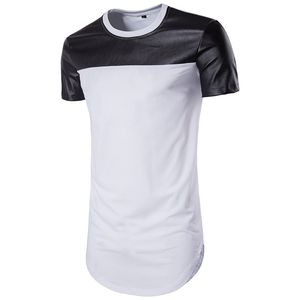 New Summer Men Round Neck Short Sleeves High Street Arc Bottom Plain Patchwork Leather T - Shirt