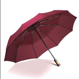 Trähandtag för män affärsgåva paraply brittisk stil helautomatiska trefaldiga paraplyer regn eller sol WH0334