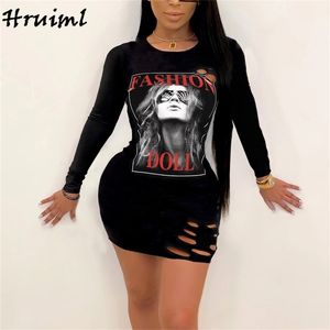 Black Dress Women Fashion Print Long Sleeve O Neck Hole Above Knee Autumn Sexy Skinny Bodycon Club Mini Vestido 210513