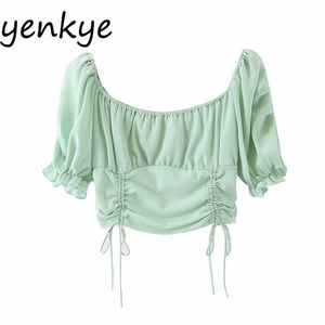 Sweet Women Solid Color Crop Top Lady Square Neck Short Sleeve Drawstring Lace Up Holiday Summer Tops YF7440 210514