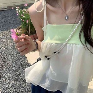 Lace Edge Stitching Stitch Suspender Camisa Redução de Idade Casual T-shirt Casual Verão e Coreano Moda Mulheres Mulheres 210520