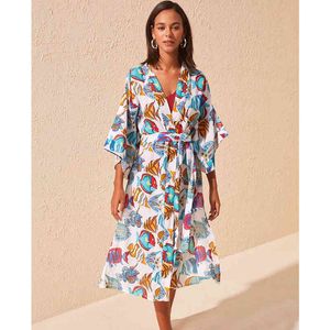 Sexy Bikini Cover-ups Tunic Boho Printed Summer Beach Dress Elegant Women Plus Size Wear Swim Suit Cover Up Q1130 210420