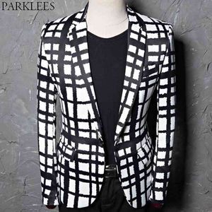 Black White xadrez Verificação Blazer Jaqueta Homens Marca Slim Fit Um Botão Elegante Festa De Casamento Ternos Blazer Macho Traje Homme 210522