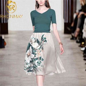 Summer Vintage Two Sets Set Women Basic Green Knitting Top + A-Line Floral Skirt Suit Suit Ladies Elegant Outfit 210506
