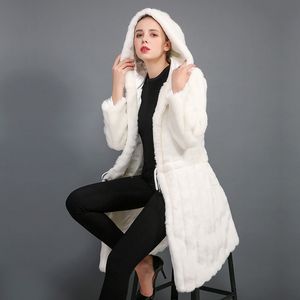 Casaco de pele de coelho branco mulheres manga comprida espessa casaco de pele quente mulheres com capuz clássico generoso ratio prático pele jaqueta de pele 211207