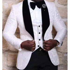 Groomsmen Ivory Pattern and Burgundy Groom Suits Tuxedos Shawl Lapel Men 4Pieces Wedding Bridegroom Jacket Pants Tie Vest