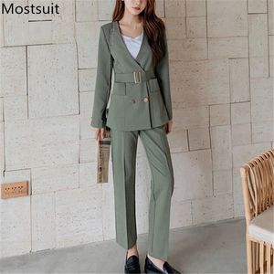 Herbst Koreanische Stilvolle Frauen Blazer Hose Anzug Sets Zweireiher Gürtel + Hosen Outfits Arbeitskleidung 210518