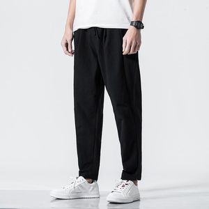 Homens calças casuais algodão linho harem calça seta solta elástica cintura calças streetwear hip hop estilo chinês roupas