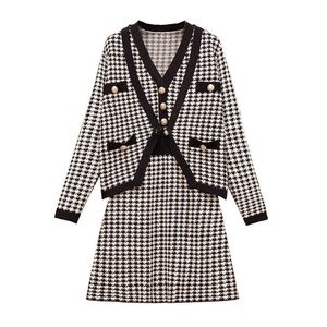 Mulheres tricotadas vestido sem mangas mini dois pedaços conjunto cardigan houndtooth preto branco v pescoço t0452 210514