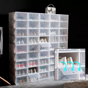 200 Stück durchsichtige Schuhkartons, 33 x 23 x 14 cm, faltbar, transparent, Schuhkarton, Kunststoff-Organizer, Display, überlagerte Kombination, Schuhe, Behälter, Schrank, Transport mit dem Boot