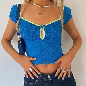 T-shirt dam y2k estetisk blå spetsskörd topp sommar kortärmad klippa ut kvinnor vintage pullovers båge patchwork tee hajuku kläder