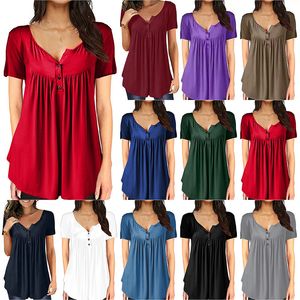 Casual Top Women T Shirt Sexy Round Neck Loose Splicing Folds Short Sleeve Solid Color Buttons Comfortable Breathable 11 Colors WMD