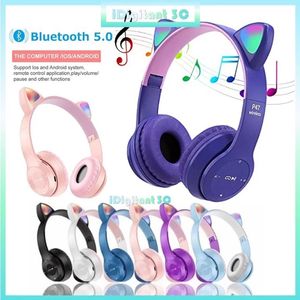 P47m Trådlös mobiltelefon hörlurar LED Flash Light Cute Cat Ear Bluetooth-kompatibla hörlurar Fällbara bärbara spelheadsets tjejgåva