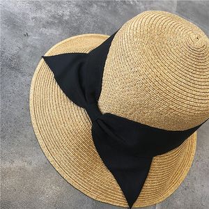 Moda Vintage Bowknot Słomy Kapelusz Ochrony Słońce Składana Cap Solid Color Color Wakacje Plażowe Czapki Letnie Oddychające Szeroki Brim Kapelusze