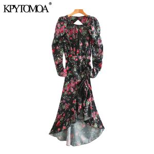 Women Fashion With Drawstring Floral Print Asymmetrical Midi Dress Long Sleeve Backless Female Dresses Mujer 210420