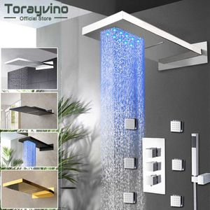 Torayvino LED-regenval Waterval Badkamer Douchekraan Temperatuur Digitale Display Scherm Drie Regelventiel Mixer Water Tap X0705