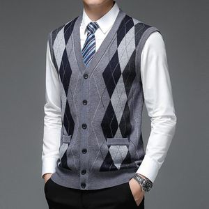 Herrvästar Hösttröja Modemärke Argyle Cardigan Djup V-ringad stickad väst Hombre Herr 6 % Ull Diamant Ärmlös Fritidskläder