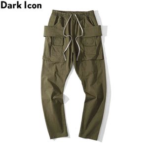 Side Big Pockets Men's Pants Elastic Waist Draw String Street Fashion Pants for Men Black Green 210603