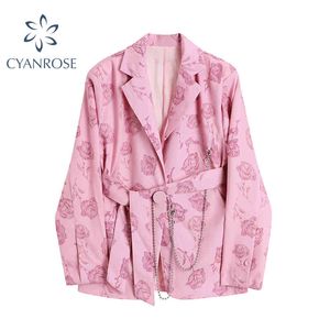 Pink Floral Printing Oversize Womens Blazer High Belt Waist Top Suit Chain Jacket Coat Autumn Ladies Casual Female Outerwea 210417