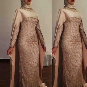 2021 Muslim Dubai Mermaid Evening Dresses Wear High Neck Long Sleeves Bling Gold Sequined Lace With Cape Sweep Train Plus Size Saudi Arabia Custom Prom Party Gowns