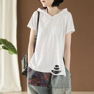 100% algodão com capuz tshirt verão coreia da moda mulheres manga curta buraco solto camiseta femme casual t-shirt branco mais tamanho s751 210512