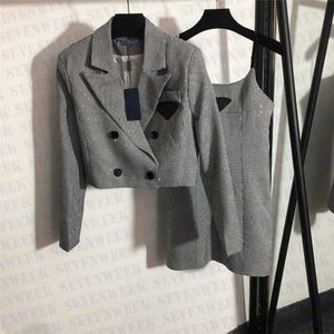 Kadınlar Elmas Taklidi Kılı toptan satış-Bling Rhinestone Suit Mont Elbiseler İki Parçalı Tasarımcı Ekose Bayan Elbise Yüksek Dereceli Giyim Bayanlar Parti Seksi Etekler