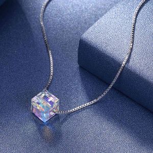Lekani Blue Cube Crystals z Swarovski 925 Sterling Silver Square Shape Wisiorek Naszyjnik Biżuteria Ślubna Naszyjnik
