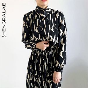 Vårkvinnor Vintage High Waist Slim var tunn Elegant träff Färgutskrift Standup Krage Bow Maxi Dress Za593900 210427