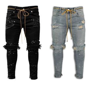 Skinny Jeans Men Slim-fit Ripped Paint Jeans Summer Fahsion Mid Waist Drawstring Distressed Washed Men Clothing LUGENTOLO X0621