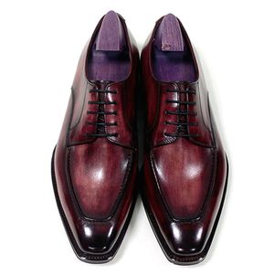 Men Dress shoes Oxfords shoes Custom Handmade shoes Square toe Derby Genuine calf leather Color Patina Red Brown HD-N183