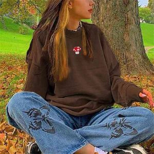 Indie Estetic 90-talet Sweatshirts Y2K Fashion Streetwear Långärmad Hoodies Grafisk Broderi Crewneck Harajuku 210914